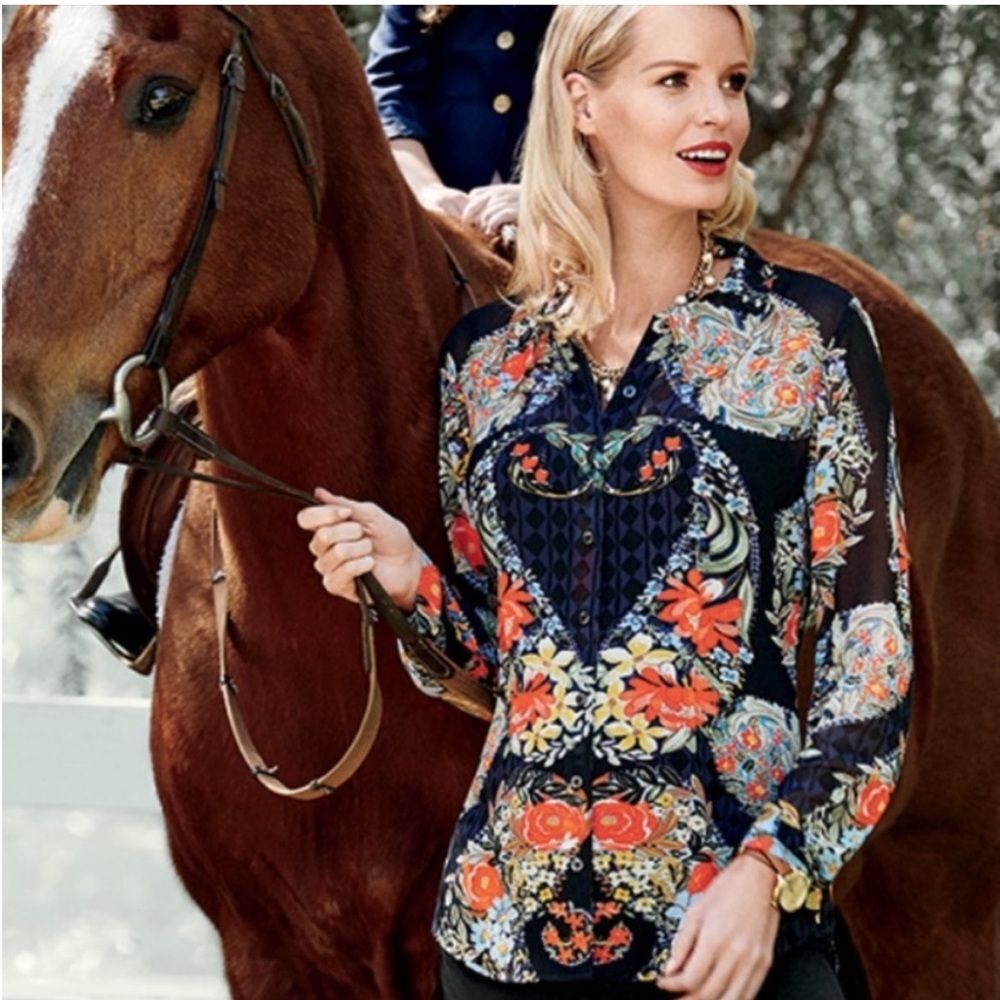 CAbi Long Sleeve Button-Up Floral Print Sheer Amour Blouse Size Small